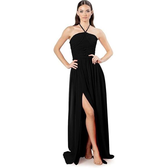 NEW! Dress the Population Aura Bandeau halter high slit chiffon black gown large - Picture 1 of 12